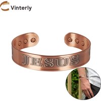 Vinterly Pure Copper Bracelets Magnetic JESUS 15mm Adjustable High Magnet Cuff Bangles Vintage Health Energy Jewelry Resizable