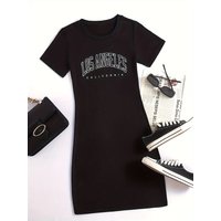 Summer Women's Los Angeles Print Casual Slim Fit Short Sleeve Round Neck T-shirt Mini Dress Short Sleeve Shirt Mini Dresses Roun