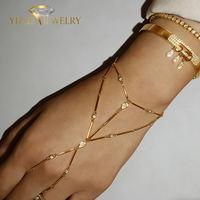 Fashion Geometric Round Bezel CZ Charm Chain Hand Bracelet Women Party Bar Finger Bracelet Jewelry