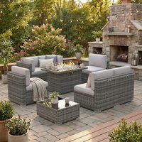 #8 Piece Patio Furniture Set 44in Propane Fire Pit Table Outdoor Sectional Wicker Conversation Sofa Coffee Table Customized