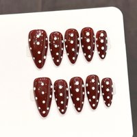 10pcs Handmade Press On Nails Nude Brown Fake Nails With Pearl Polka Dot Design Almond Artificial False Nails For Women Wearable