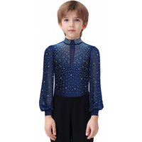 Kids Boys Latin Dance Bodysuit Glittery Rhinestones Zipper Leotard Shirt Jumpsuit for Ballet Ballroom Competition Performance
