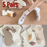 5 Pairs Cartoon Ankle Socks Women Capybara Bear Flower Patterned Thin Cotton Socks Breathable Soft Japanese Casual Low Cut Socks