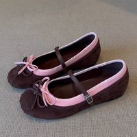 Sweet Bowknot Decoration Ballet Flats Women Autumn Round Toe Suede Patchwork Mary Jane Shoes Comfortable Soft Sole Casual Shoes