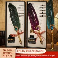 1 Set Retro Calligraphy Feather Dip Pen Set with 2 Nib Options Quill Fountain Writing Vintage Stationery Gift Box
