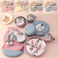 Color Kids 7PCS Stainless Steel & Silicone Feeding Set Sucker Dishes Plate Bowl BPA Free Toddler Bib Fork Spoon Cup Baby Stuff