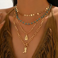 4 Piece Layered Turquoise Bead Necklace Gold Silver Cowboy Hat Boot Pendant Western Boho Summer Trendy Jewelry for Women
