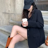 Spring Autumn Black Blazers for Women Fashion Streetwear Single-Breasted Small Suit Jacket Casual Loose Long Sleeve Outerwear