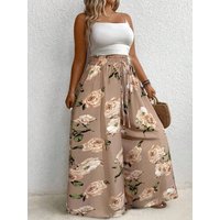 Elegant plus Size Printed Wide Leg Pants for Women Loose Fit Imitation Drawstring Waist Belt Non-Elastic Fabric