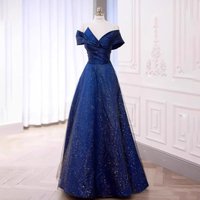 Elegant sequined blue off shoulder long lady girl women princess banquet party performance prom dress performance gown