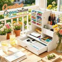 Single Drawer 10-Grid Wooden Stationery Holder, Practical Desktop Pen Pencil Storage Box for Home Office Daily Use