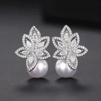 Huitan Sparkling AA Cubic Zirconia Imitation Pearl Drop Earrings Wedding Accessories for Women Aesthetic Flower Earrings Jewelry