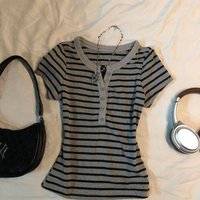 Retro American Y2K Spicy Girl Grey Striped Short Sleeve T-Shirt Slimming Summer Top for Women Knot round Neck Sweat...