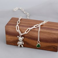 Silver Color Bear Sweater Necklace for Women INS Fashion Elegant Green Zircon Pendant Necklace Bride Jewelry Gift