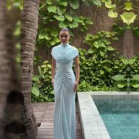 Elegant Fashion Women's Maxi Dress High Collar Ruffled Tighten Waist Design Slim Robe 2026 Summer Party Beach Evening Lady Gown