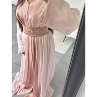 Pink Moroccan Kaftan Muslim Evening Dresses A-line V-neck Long Sleeves Beaded Dubai Arabic Abaya Islamic Gown Customized