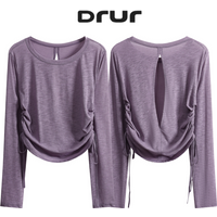 DRUR Elegant Thin Yoga Tops For Women With Open Back Ruched Side Dance Ballet Shirt Casual Long Sleeve Top For Street Travel