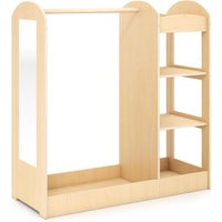 Natural Wooden Kids Wardrobe with Mirror, Clothes Rail, and 4-Tier Shelves for Toddlers' Bedroom