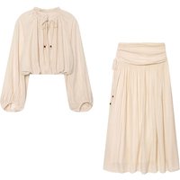 NLZGMSJ 2026 Summer Casual Women Suit O-neck Wrinkle Effect Short Blouse Zipper Long Straight Skirt Fashion Holiday Sets
