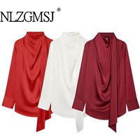 Nlzgmsj 2026 Spring Elegant Women's Satin Blouse Scarf collar Draped Front Long Sleeve Office Shirt for Women