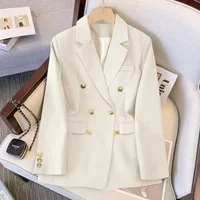 Solid Brown Straight Blazer for Women Korean Fashion Elegant Suit Coat Office Lady Long Sleeve Double-breasted Women's Jacket