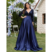 Luxury Long Sleeve V-Neck Satin Formal Evening Dresses 2025 Elegant Wedding Party Sequins Women Prom Cocktail Gowns