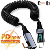 USB C To Type C Elbow Spring Cable 100w LED Digital Display Data Line Retractable Wire for Samsung IPhone Xiaomi Huawei OnePlus