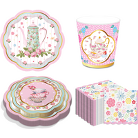 Tea Party Disposable Tableware Sets Afternoon Tea Time Teapot Flowers Birthday Plates Cups Napkins Festival Party Decor