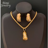 Printed 2Pcs Golden Jewellery Pendant with Necklace Earrings 18K Gold Plated Jewelry Set for Women Bridal Party Wedding Gifts