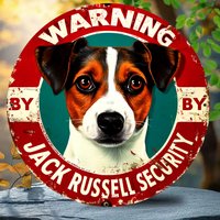2D Flat - 1pc Beagle Warning Metal Wall Art Sign - Humorous 'By Jack Russell Security' Design, 7.8x7.8inch, Vintage Metal Decor