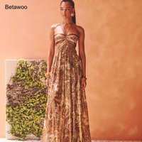 Women Boho Retro Paisley Strapless Hollow Waist Flowy Summer Holiday Maxi Dress
