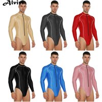 Men Glossy Bodysuit Swimwear Rash Guard Wetsuit Long Sleeve Zipper Jumpsuit for Beach Surfing Swimming Sports Fitness Workout