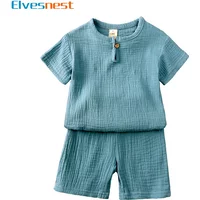 Cotton Linen Kids Clothes Girls Outfit Summer Boy Clothing Sets Solid Color Short Sleeve Tops Shorts Children Clothing 2-7 Years