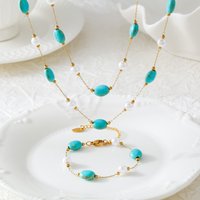 Turquoise Stones Pearl Necklace Bracelet Women Set Stainless Steel Natural Stone Beaded Pendant Female Necklaces Luxury Jewelry