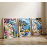 3pcs Modern Amalfi Coast Canvas Painting, Unframed Colorful Summer Mediterranean Prints, Italy Coastal Posters for Bedroom Decor