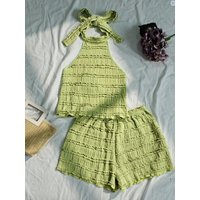 Braided Lace Halter Neck Top + Short Pants Two-Piece Set Refreshing Slimming Ensemble Women's Summer Fashion Casual Wear