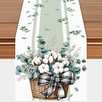 Sage Green Table Runner with Cotton Flowers, Eucalyptus Leaves & Buffalo Plaid Bow | White & Sage Green Decor for Wedding