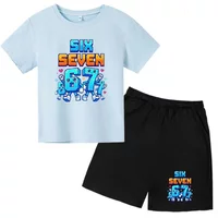Boys Girls 3-12Y Summer Fashion Outfit 67 Number Cartoon Print T-shirt and Shorts Casual Two-Piece Clothing Set