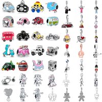 S925 Silver Vehicle Cartoon Doll Charms Car Bus Motorcycle Camera Helicopter DIY Women Travel Jewelry Pendant Gift