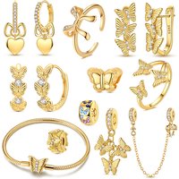 Original 925 Sterling Silver Bead Charm Golden Butterfly Pendant Ring Earrings Bracelet Set For Women Wedding Party Jewelry Gift