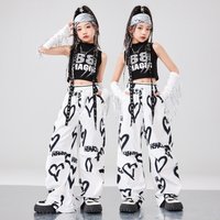 Girls Hip Hop Clothing Black Vest with tassel Sleeves Heart Pattern Pants for Kids Jazz Dance Costume Clothes Set