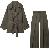 NERHEFZ Women Mid Waist Pants Set Two Piece Casual Flowing Belted Jacket Front Pleat Trousers 2 Piece Set Women Outfit