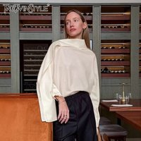 TWOTWINSTYLE French Elegant Solid Blouse for Women Irregular Neck Patchwork Ribbon Long Sleeve Minimalist Shirt Female Spring