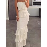 Elegant Sexy Women's Fashion Long Dress Pure Color Sleeveless Halter Gauze Pleated Lace Trim High Waist Cake Skirt Style