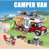 Building block canvas cart Open door pickup truck with camping equipment Creative assembled toys Christmas and birthday gifts