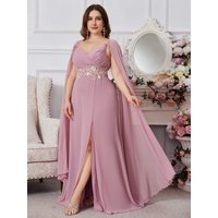 UNITHORSE Plus Size V-Neck Embroidered Waist Decoration Pleated Front Long Draped Sleeve Chiffon Evening Dress Skirt