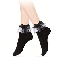 1 Pairs Women's Ruffle Socks, Black White Fairy Lace Trim Ruffled Ankle Ballet Frilly Socks for Women Girls
