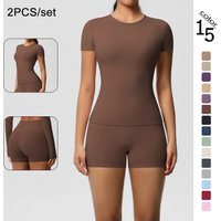 2PCS Yoga Shorts T-Shirt Set Slim Casual Summer Running Cycling Shorts Women Seamless Quick-Dry Short Sleeve Sports Yoga Set