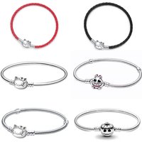 Disney 925 Sterling Silver Charm Bracelet For Women Red/Black Leather Snake Chain Bangle Cute Cartoon Jewelry Gift