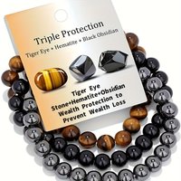 3 Pcs/Set Bohemian Gemstone Bracelet Women Men Wealth & Love Tiger Eye Black Obsidian Hematite Bead Bracelet Lucky Success Gift